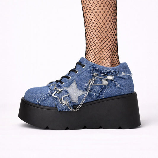 Denim Star Chain Platform Shoes – Y2K Punk Chunky Lace-Up
