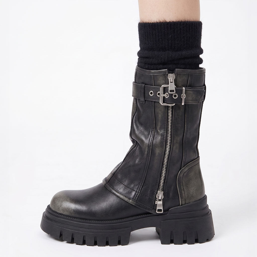 Mid-Calf Chunky Zip Boots – Y2K Punk Buckle Platform Combat Boots