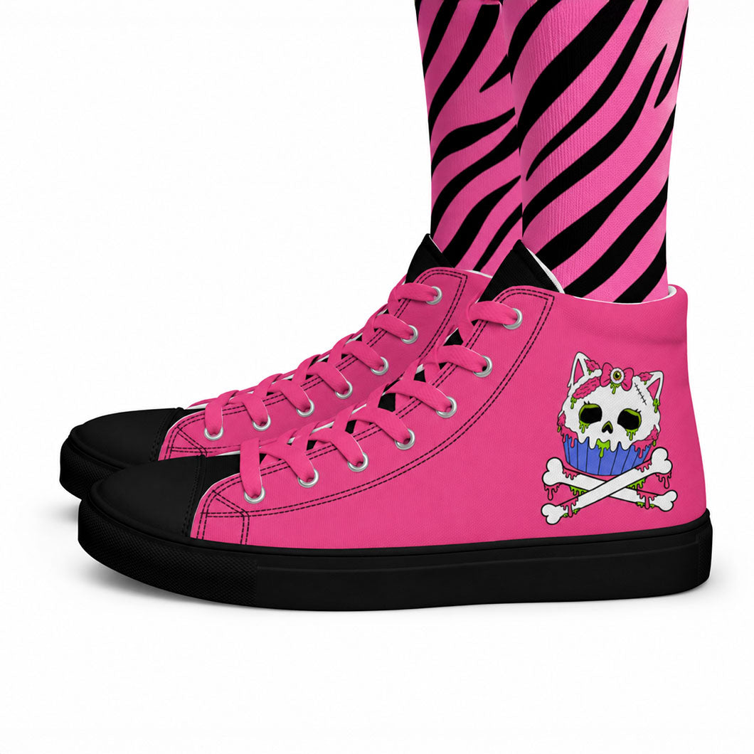 Zombie Kitty Cupcake pink high top canvas shoes with black sole and cute spooky cupcake cat graphic