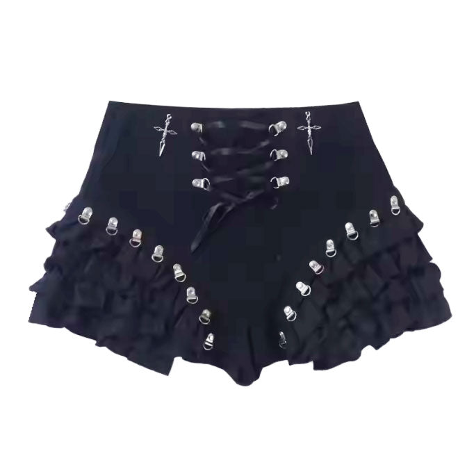 Midnight Lace-Up Ruffle Goth Shorts