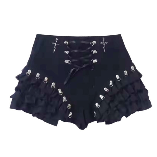 Midnight Lace-Up Ruffle Goth Shorts