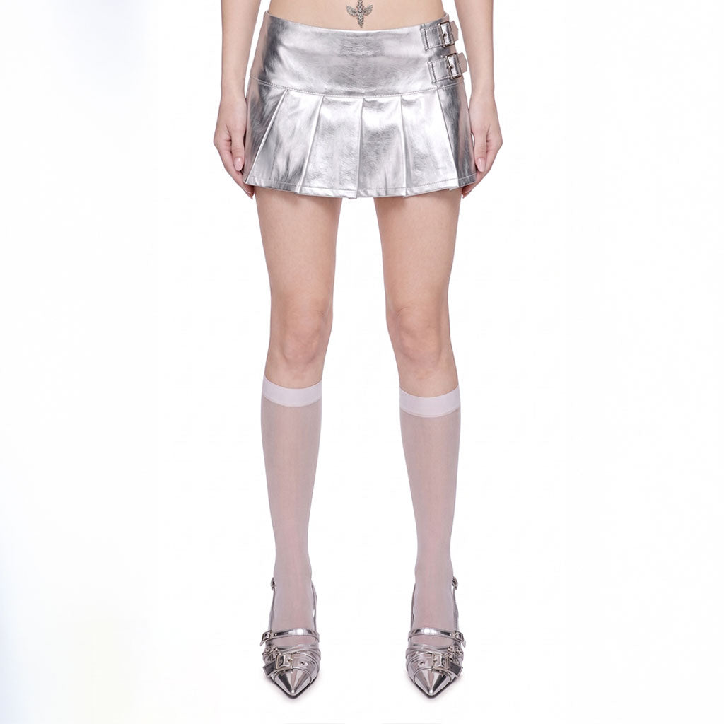 Faux Leather Mini Skirt – Low Rise Pleated Buckle Detail
