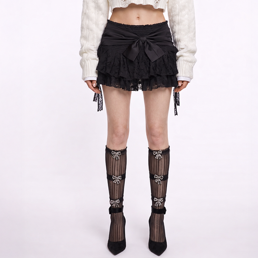 Black Lace Bow Mini Skirt – High Waist Ruffle Layered Coquette Skirt