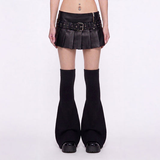 Black Faux Leather Mini Skirt – Low Rise Pleated Belt Detail