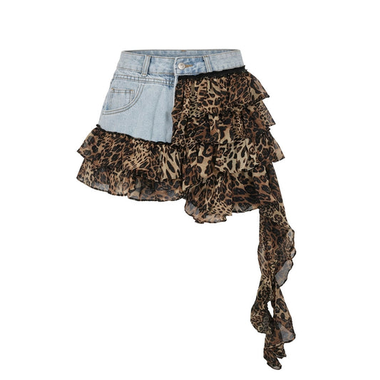 Leopard Ruffle Patchwork Mini Skirt