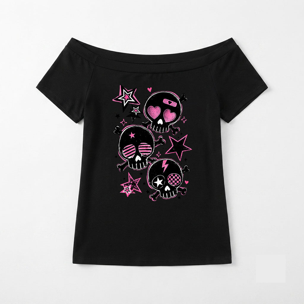 Pink Skull Scene Queen Off-Shoulder Tee | Women’s Emo Graphic Top