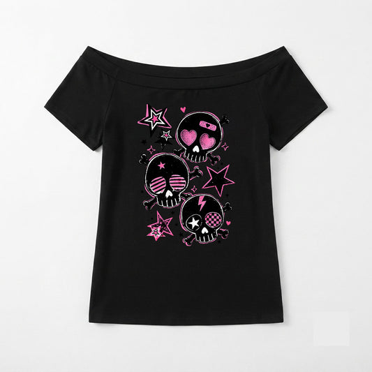 Pink Skull Scene Queen Off-Shoulder Tee | Women’s Emo Graphic Top