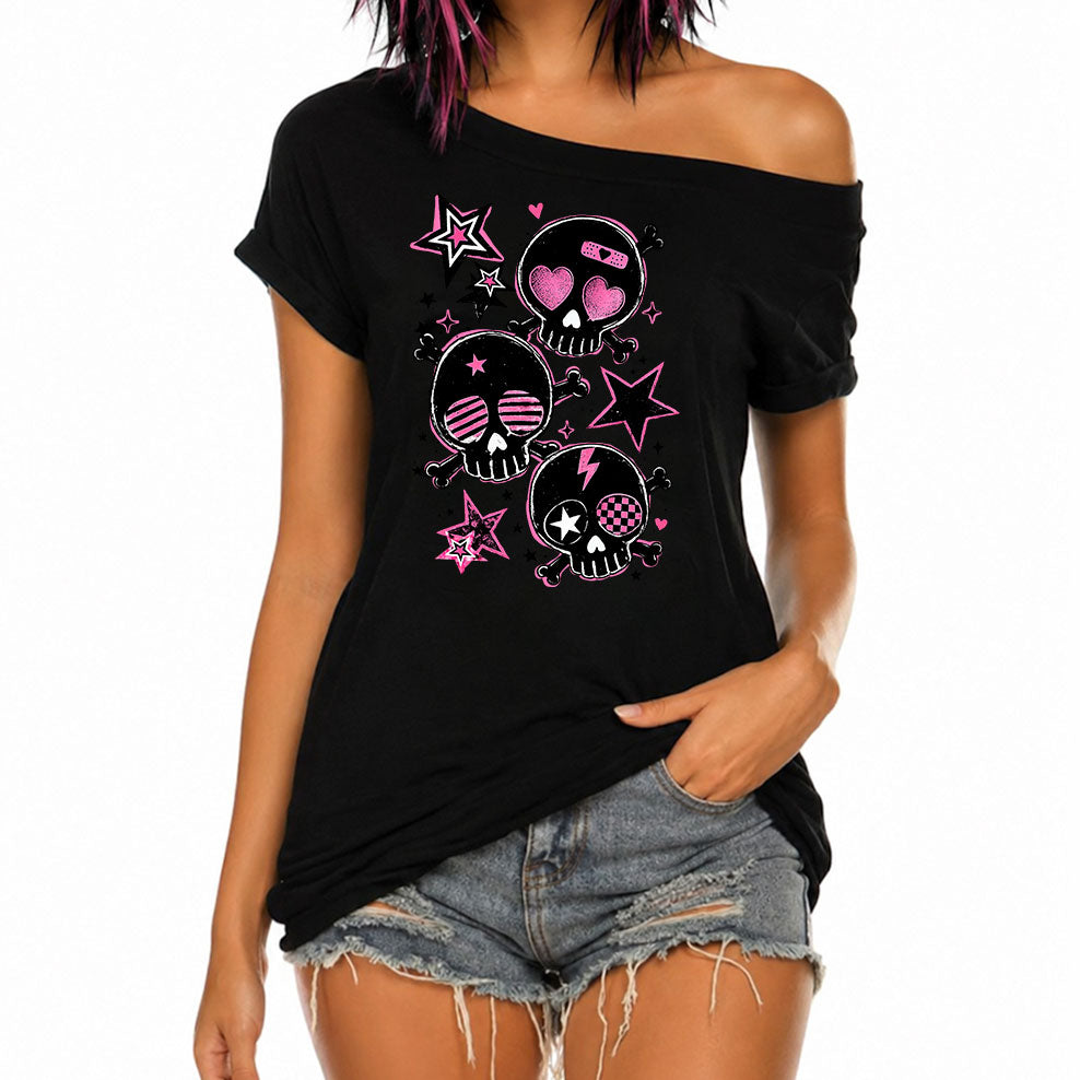 Pink Skull Scene Queen Off-Shoulder Tee | Women’s Emo Graphic Top