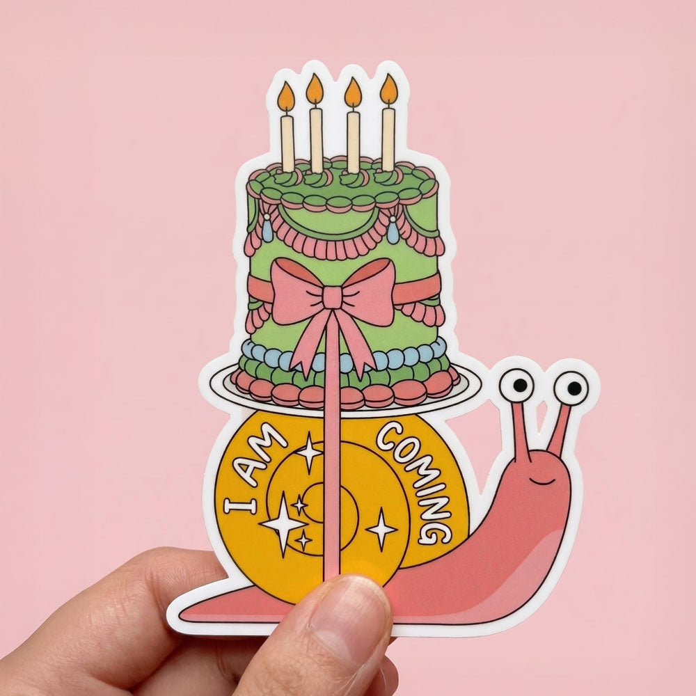 “I Am Coming” Snail Cake Sticker – Funny Cute Birthday Vinyl Decal