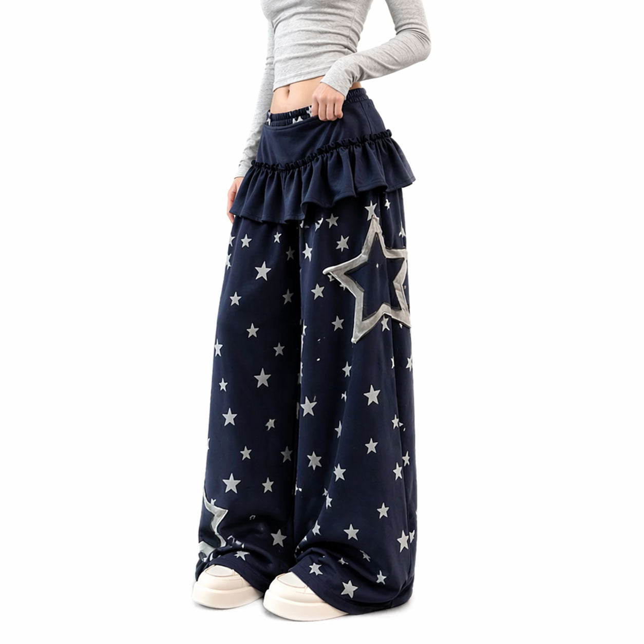 Star Ruffle Layer Wide Leg Pants – Soft Cotton Blend Lounge Trousers