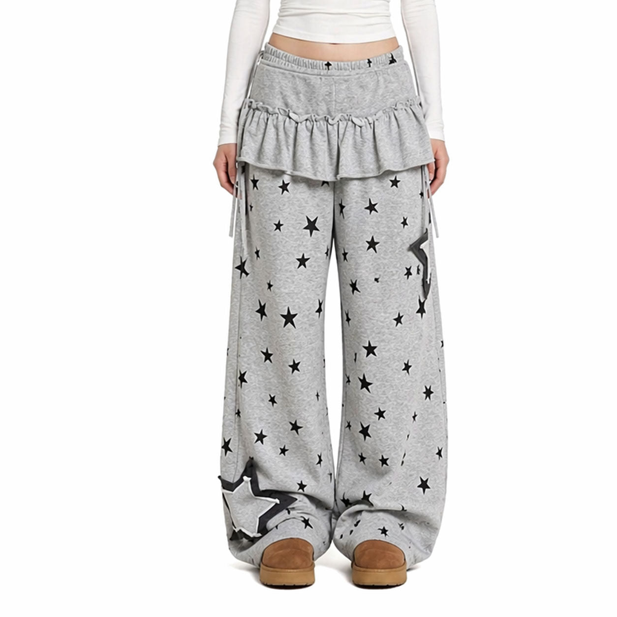 Star Ruffle Layer Wide Leg Pants – Soft Cotton Blend Lounge Trousers