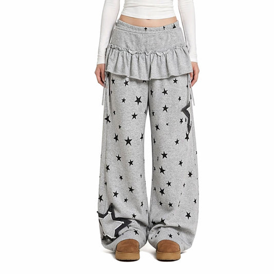 Star Ruffle Layer Wide Leg Pants – Soft Cotton Blend Lounge Trousers