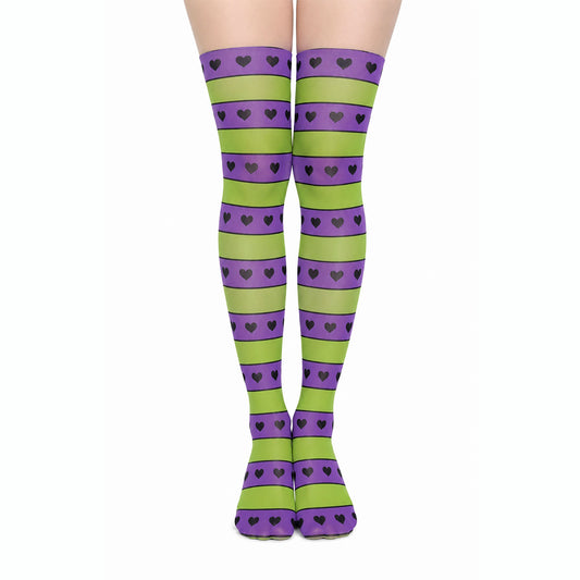 Purple Lime Heart Stripe Over The Knee Stockings | Emo Scene Goth Fashion