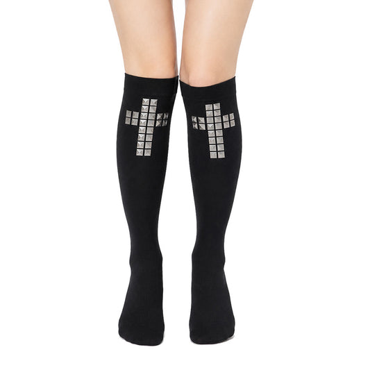 Studded Cross Knee High Socks | Scene Emo Punk Y2K Socks