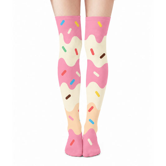Strawberry Vanila Ice Cream Drip Over-the-Knee Socks