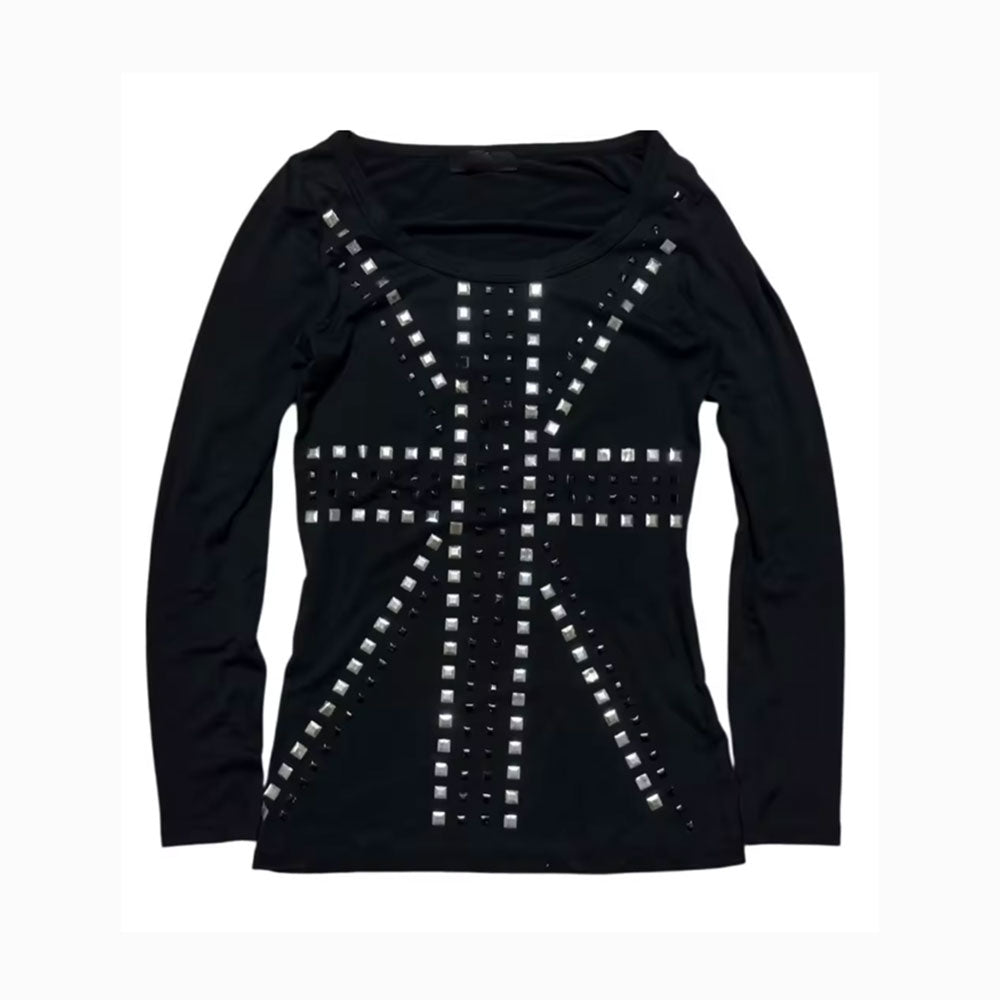 Studded Cross Long Sleeve Top | Y2K Goth Punk Slim Fit Shirt