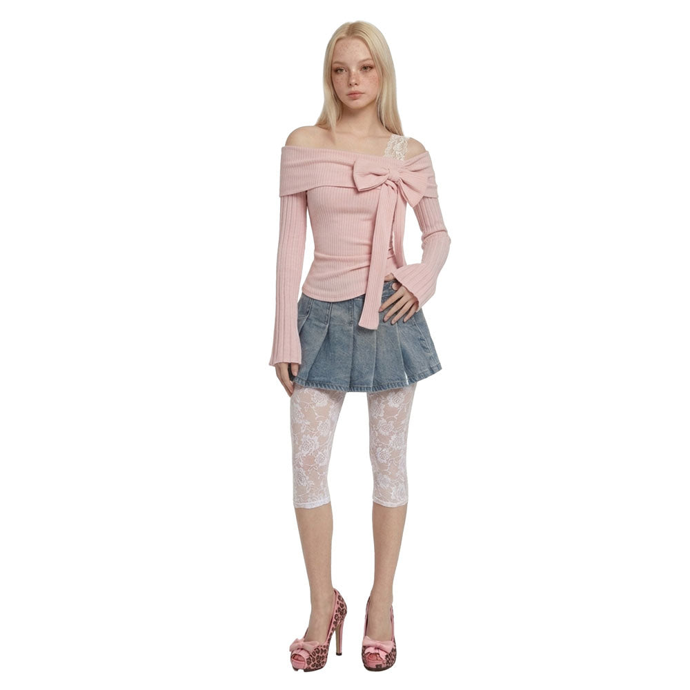 Off Shoulder Bow Knit Top Lace Strap Ribbed Slim Fit Y2K Coquette Shirt