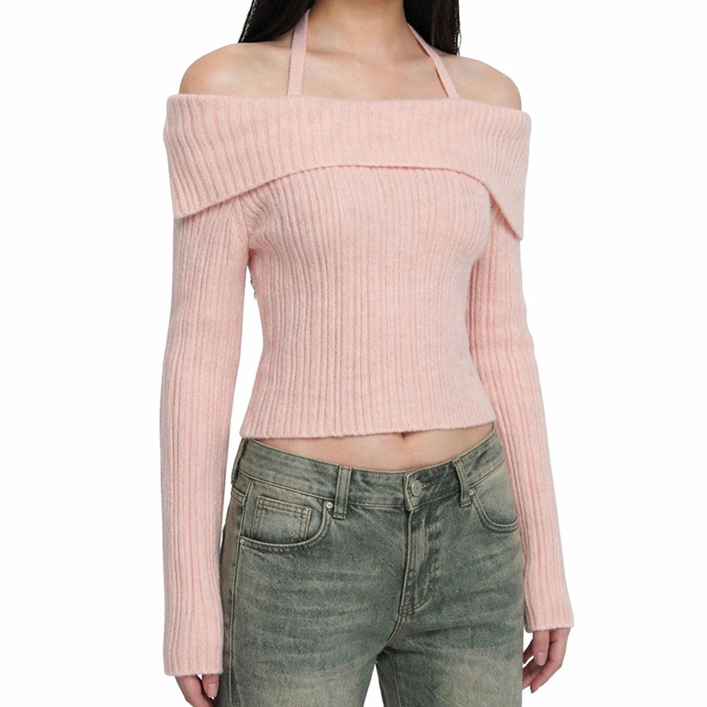 Cherry Blossom Off-Shoulder Knit Top – Ribbed Halter Layered Y2K Sweater