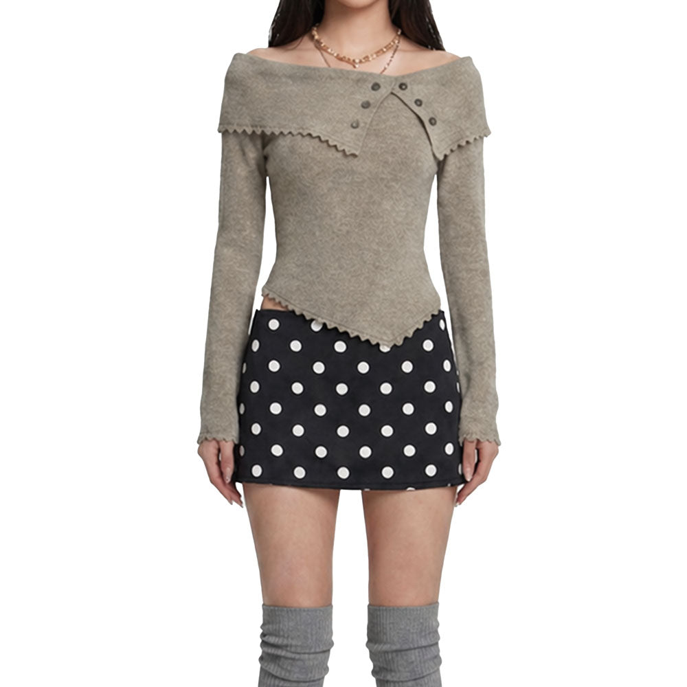 Off-Shoulder Asymmetrical Knit Top – Button Detail Soft Slim Fit Sweater