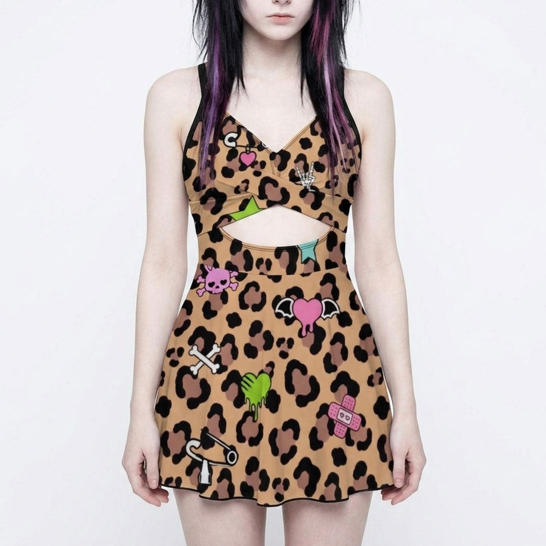 Leopard Scene Kid Charm Cutout Swim Dress