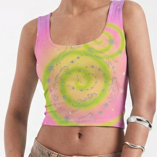 Whimsy Pastel Swirl Cat Crop Top – Soft Stretch Graphic Cami Tank&nbsp