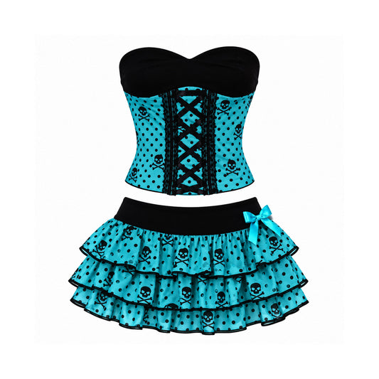 Y2K Scene Queen Teal Skull Corset Tube Top &amp; Ruffle Mini Skirt Set