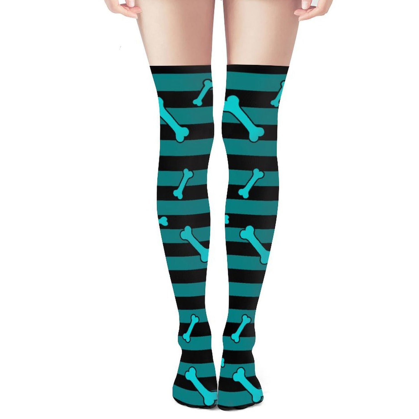 Dead Cute Teal Bone Striped Thigh-High Stockings