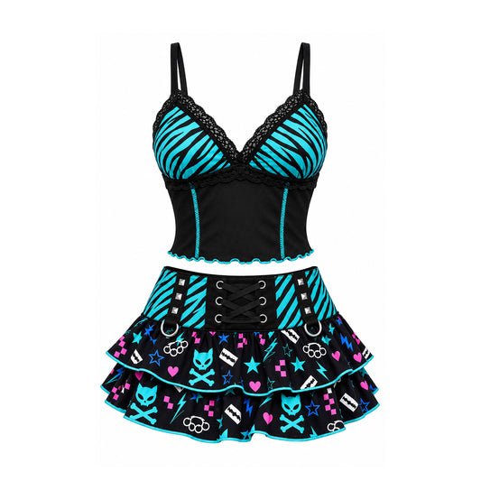 Y2K Electric Cat Scene Queen Zebra Cami Top &amp; Ruffle Mini Skirt Set