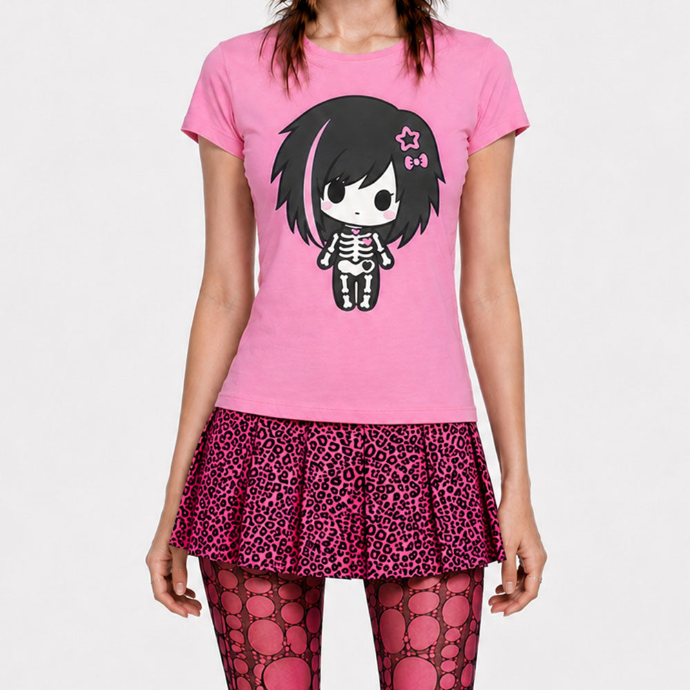 Pink Skeleton Girl Baby Tee – Emo Scene Y2K Graphic Shirt
