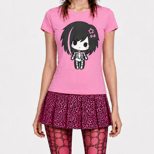 Pink Skeleton Girl Baby Tee – Emo Scene Y2K Graphic Shirt