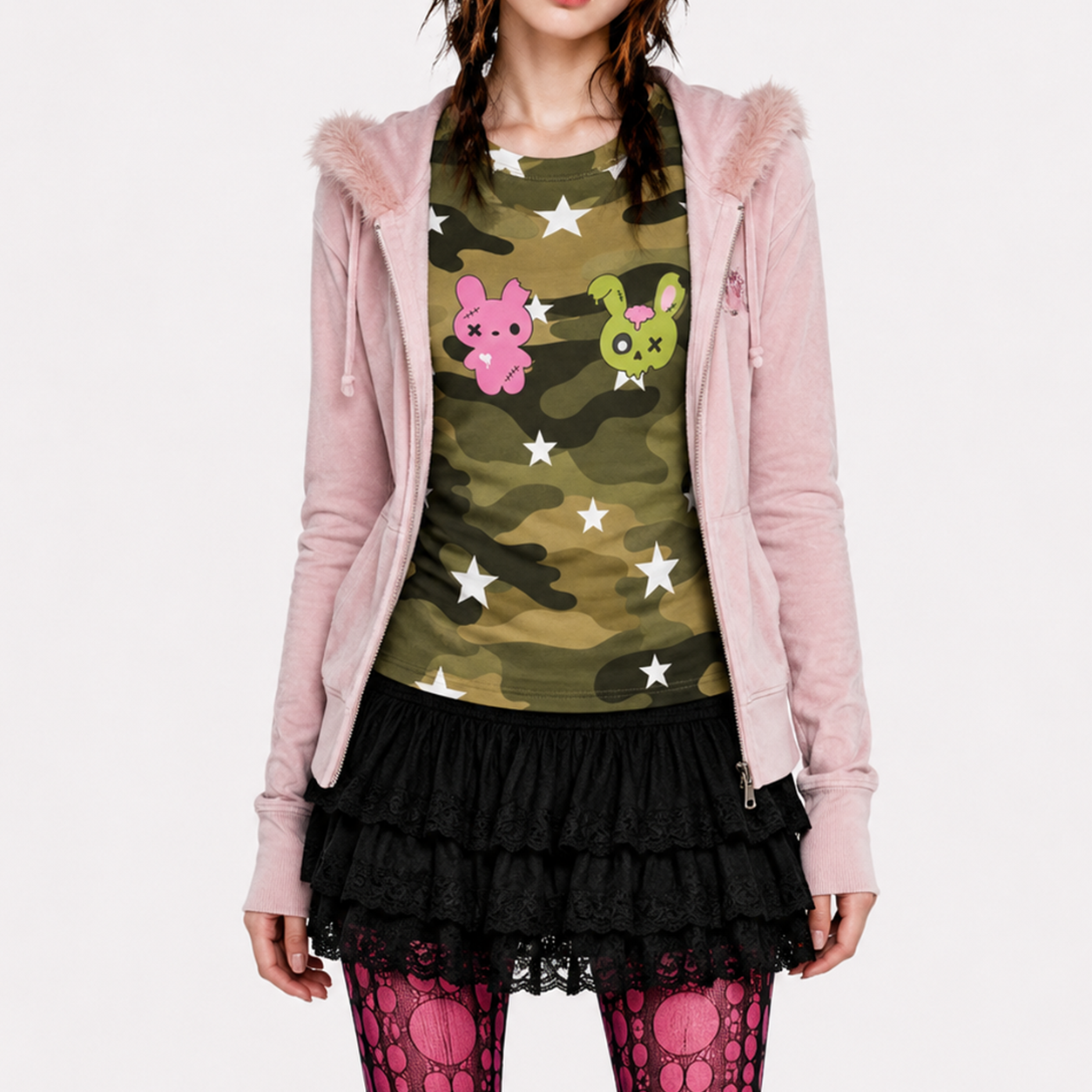 Kawaii Zombie Bunny Camo Baby Tee – Emo Scene Y2K Women’s Shirt