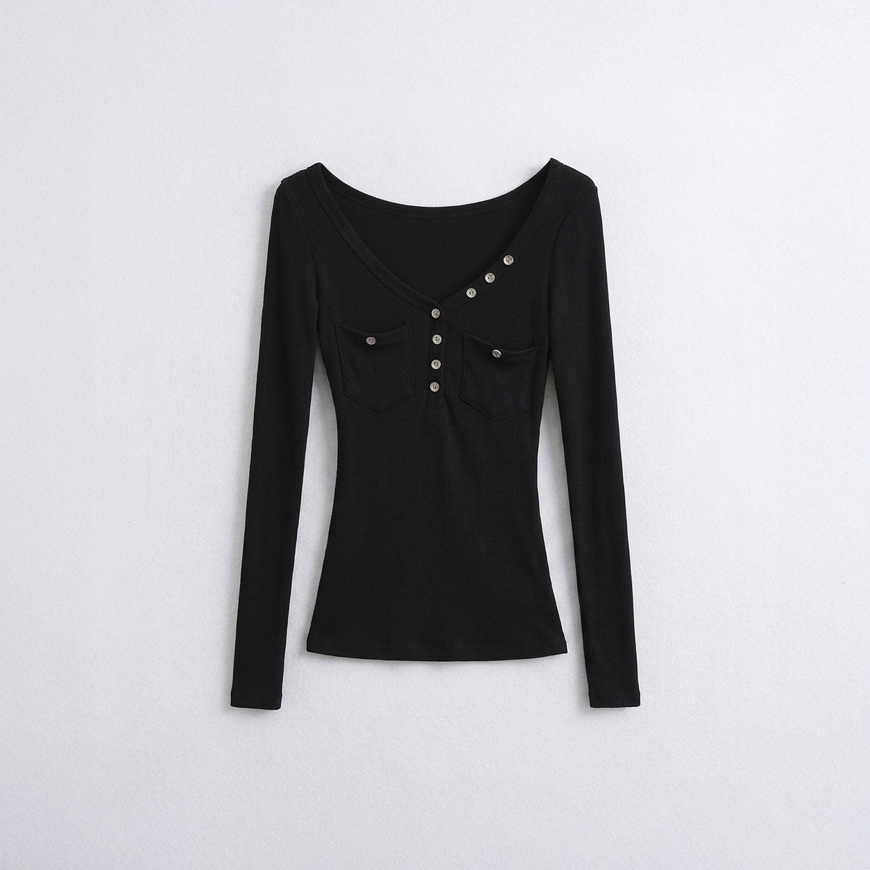 White Ribbed Button Henley Long Sleeve Top – Slim Fit Essential