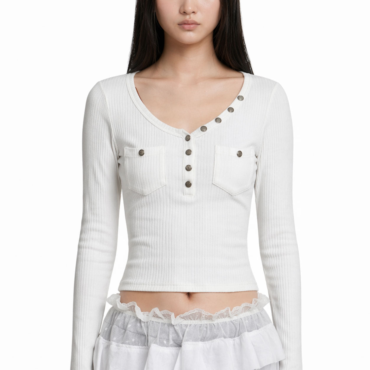 White Ribbed Button Henley Long Sleeve Top – Slim Fit Essential