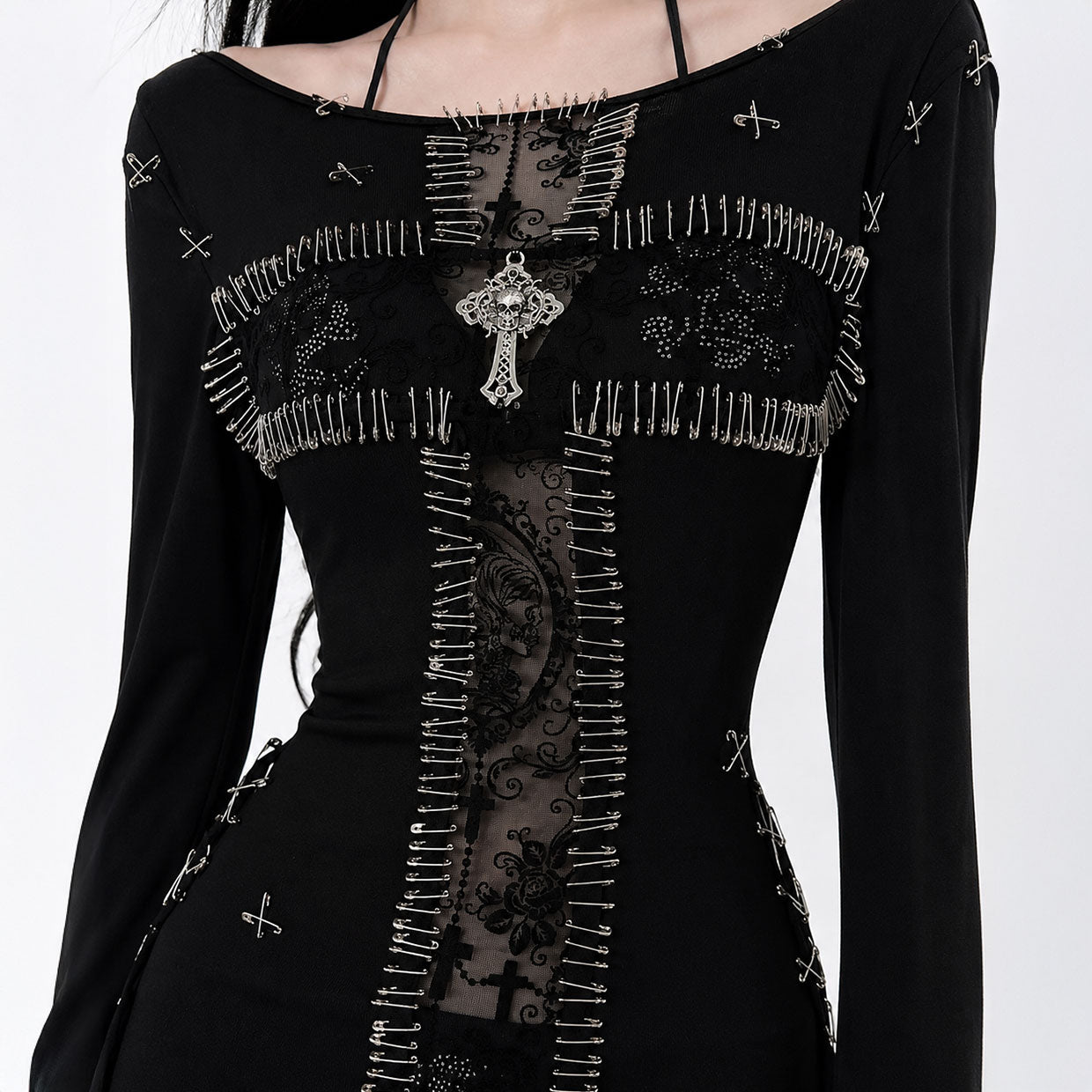 Goth Safety Pin Lace Mini Dress – Emo Punk Off Shoulder Dress