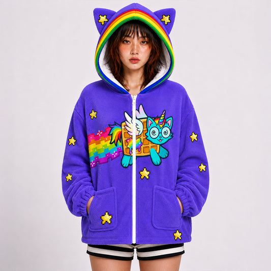 Rainbow Waffle Unicorn Cat Cozy Cat Ear Fleece Hoodie (S–5XL)