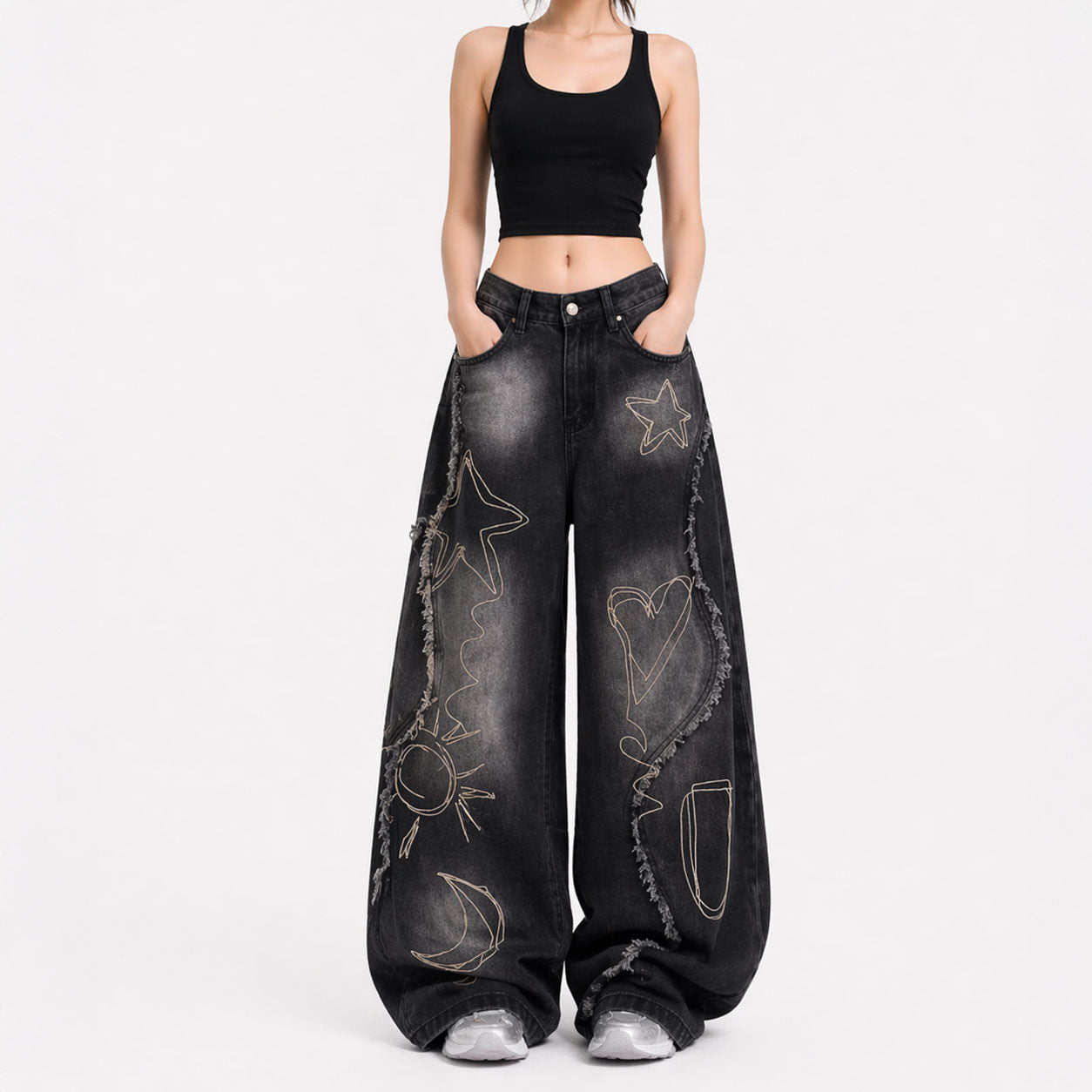 Black Sketch Star Wide-Leg Denim Pants