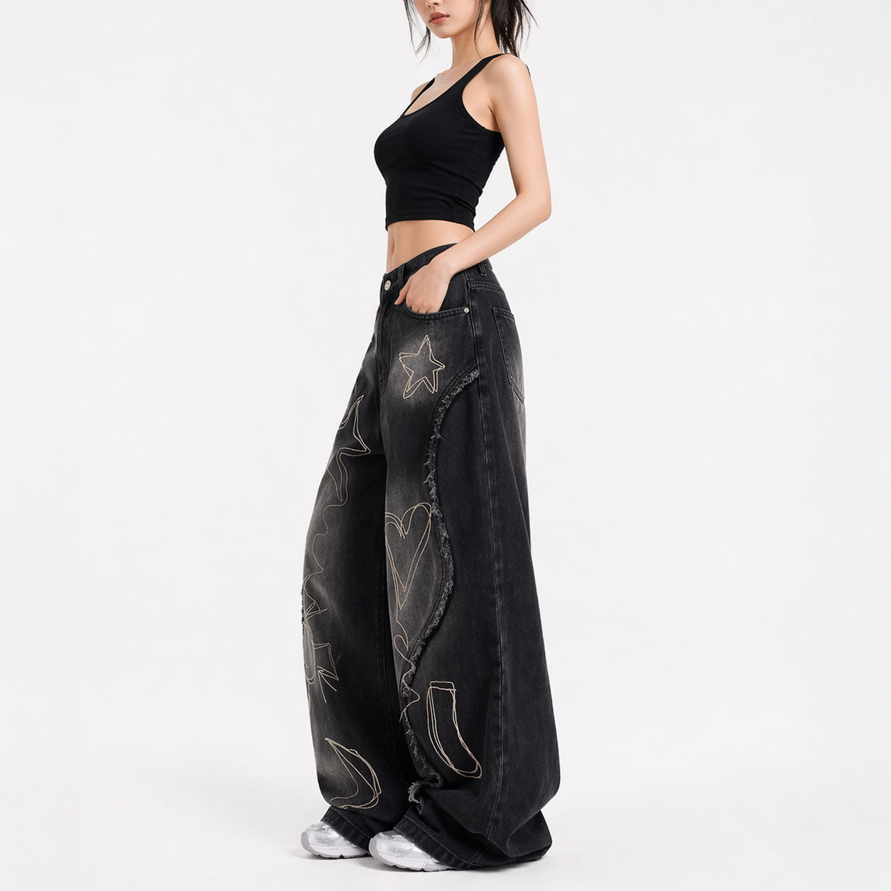 Black Sketch Star Wide-Leg Denim Pants