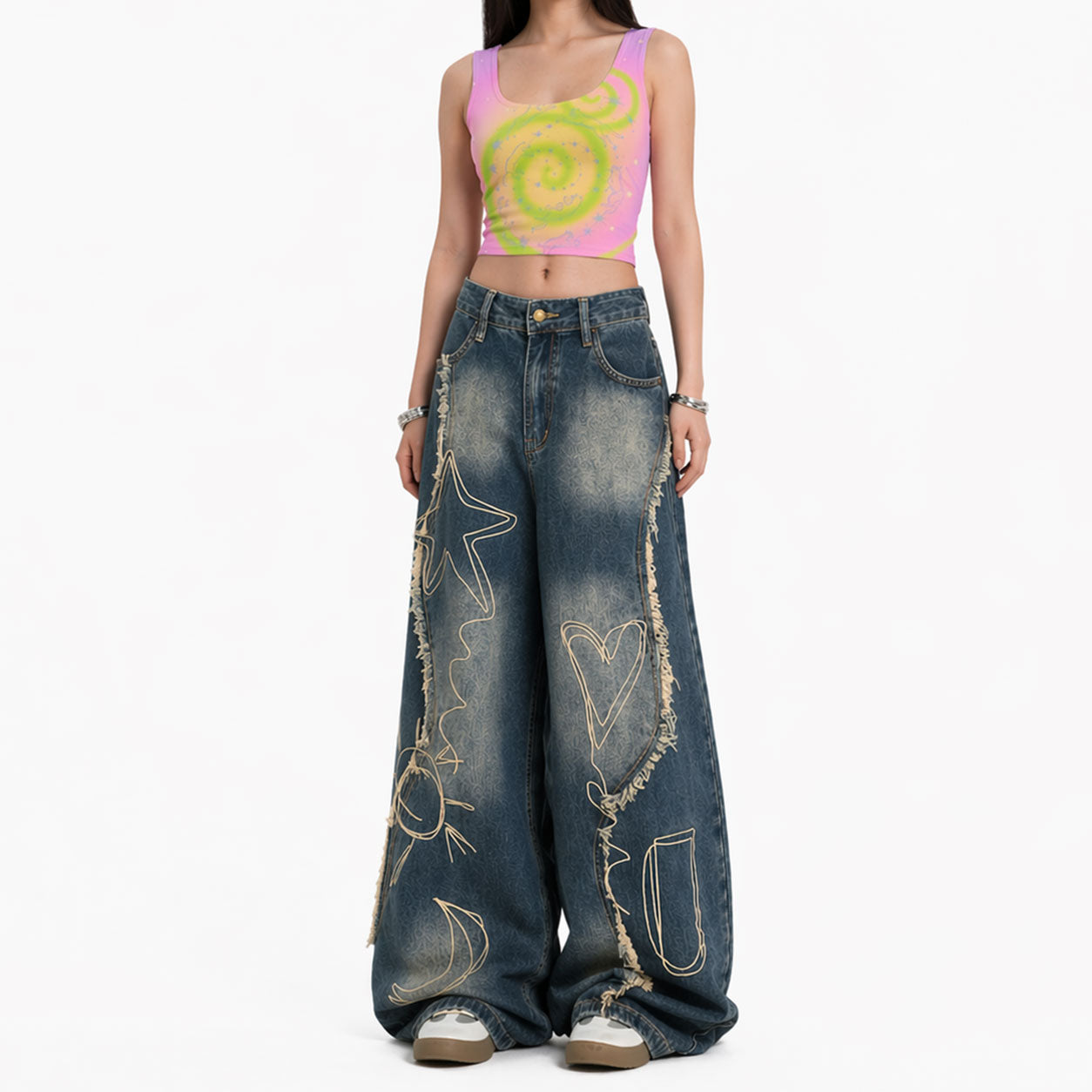 Black Sketch Star Wide-Leg Denim Pants
