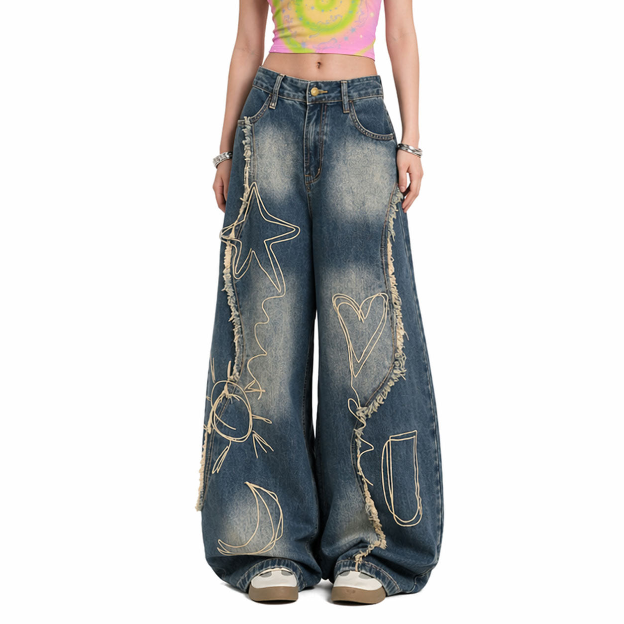 Black Sketch Star Wide-Leg Denim Pants