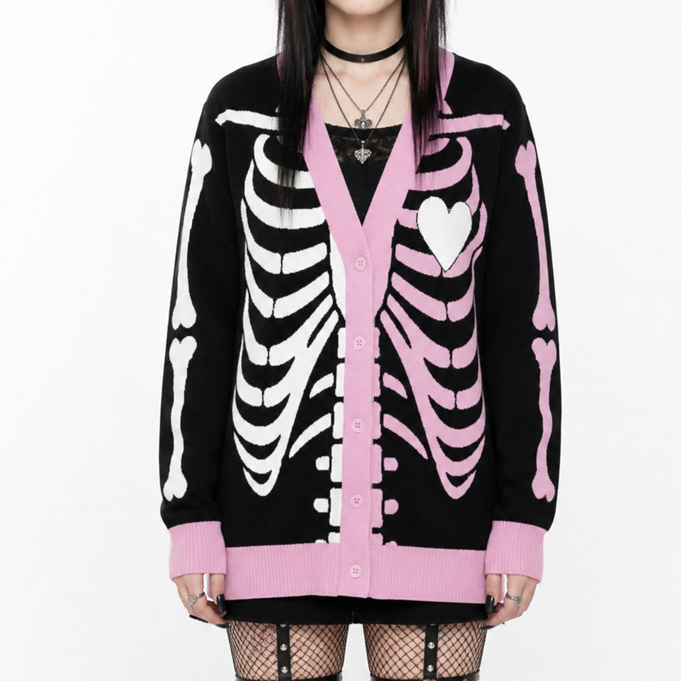 Pink Skeleton Heart Unisex Knit Cardigan (2XS–3XL)