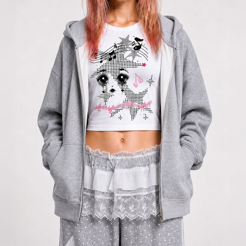 Grey Angel Wing Zip Hoodie – Y2K Harajuku Oversized Streetwear Jacket