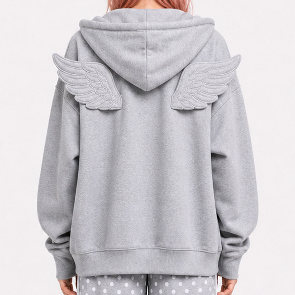 Grey Angel Wing Zip Hoodie – Y2K Harajuku Oversized Streetwear Jacket
