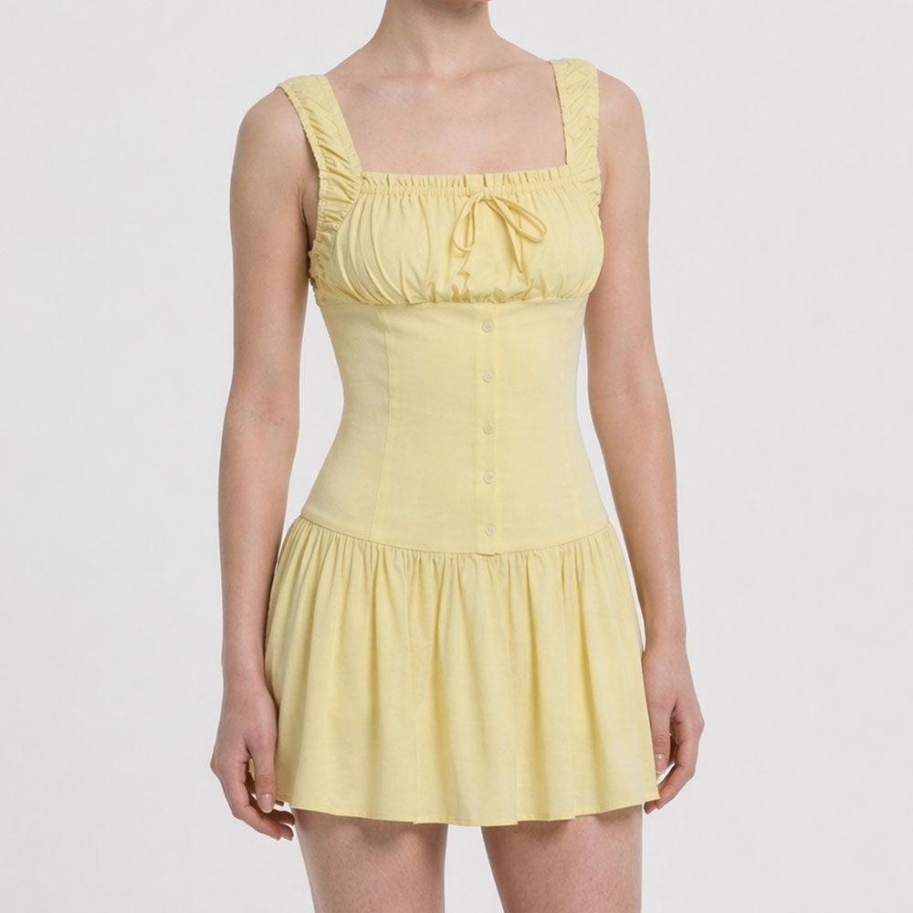 Butter Yellow Square Neck Mini Dress – Soft A-Line Summer Fit