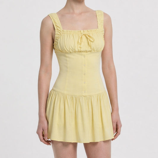 Butter Yellow Square Neck Mini Dress – Soft A-Line Summer Fit