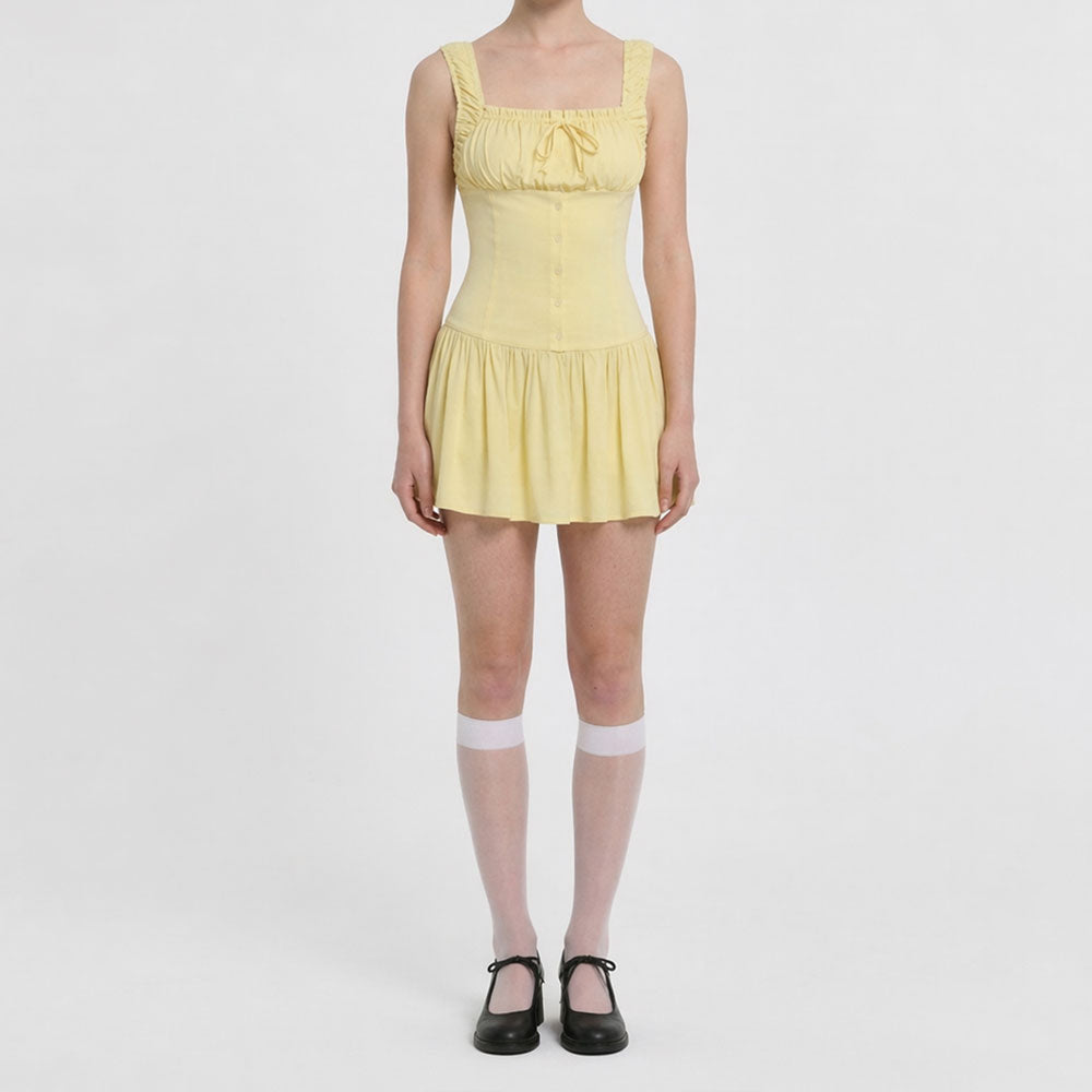 Butter Yellow Square Neck Mini Dress – Soft A-Line Summer Fit