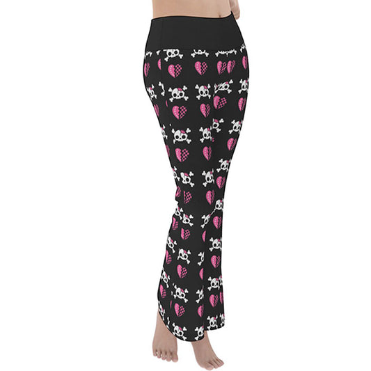 Dead Sweet Skull Heart Flare Yoga Pants – Black & Pink Y2K Goth