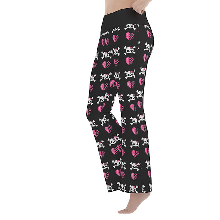 Dead Sweet Skull Heart Flare Yoga Pants – Black & Pink Y2K Goth
