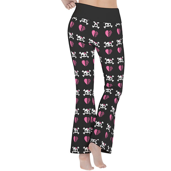 Dead Sweet Skull Heart Flare Yoga Pants – Black & Pink Y2K Goth