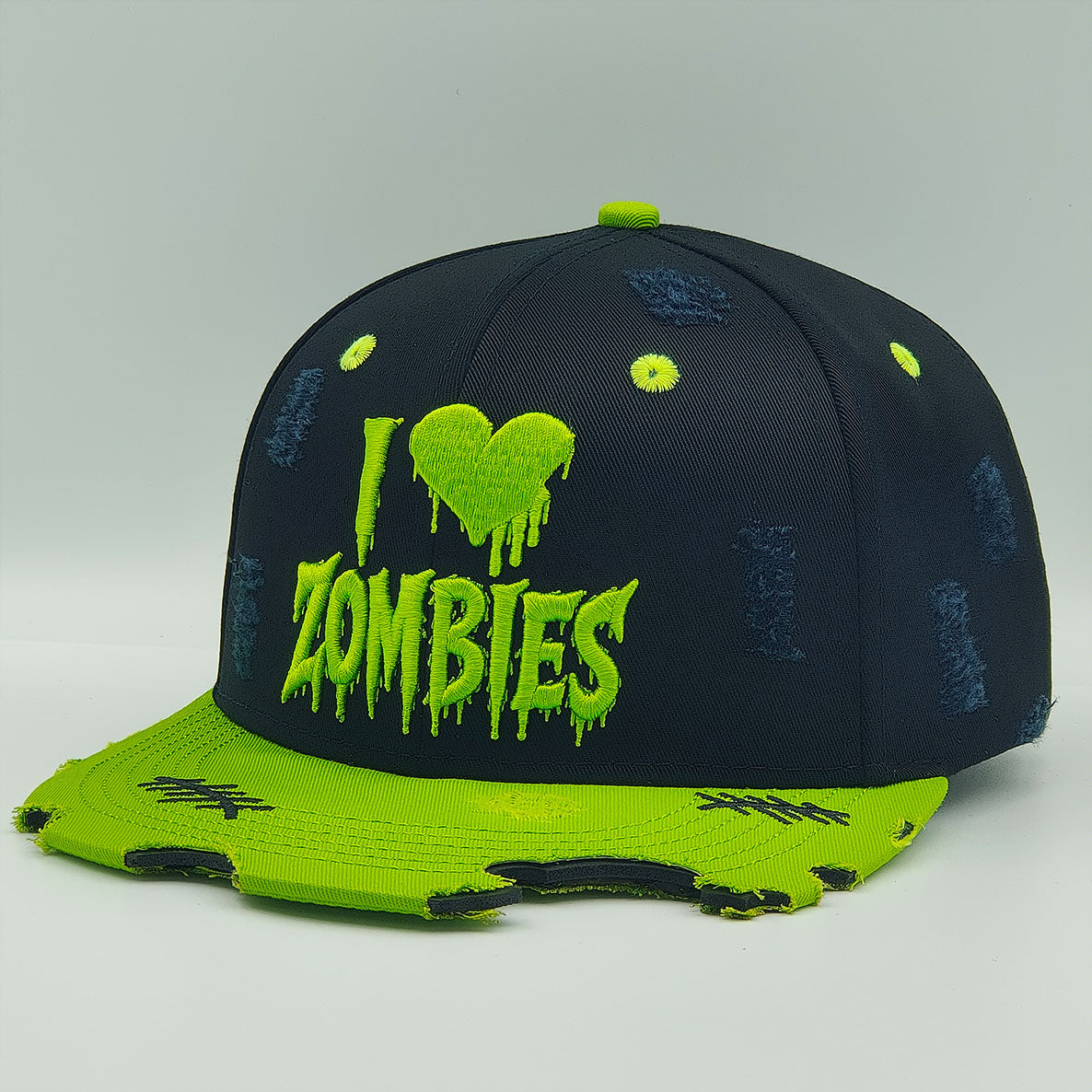 I Heart Zombies Distressed Snapback Cap – Neon Green & Black