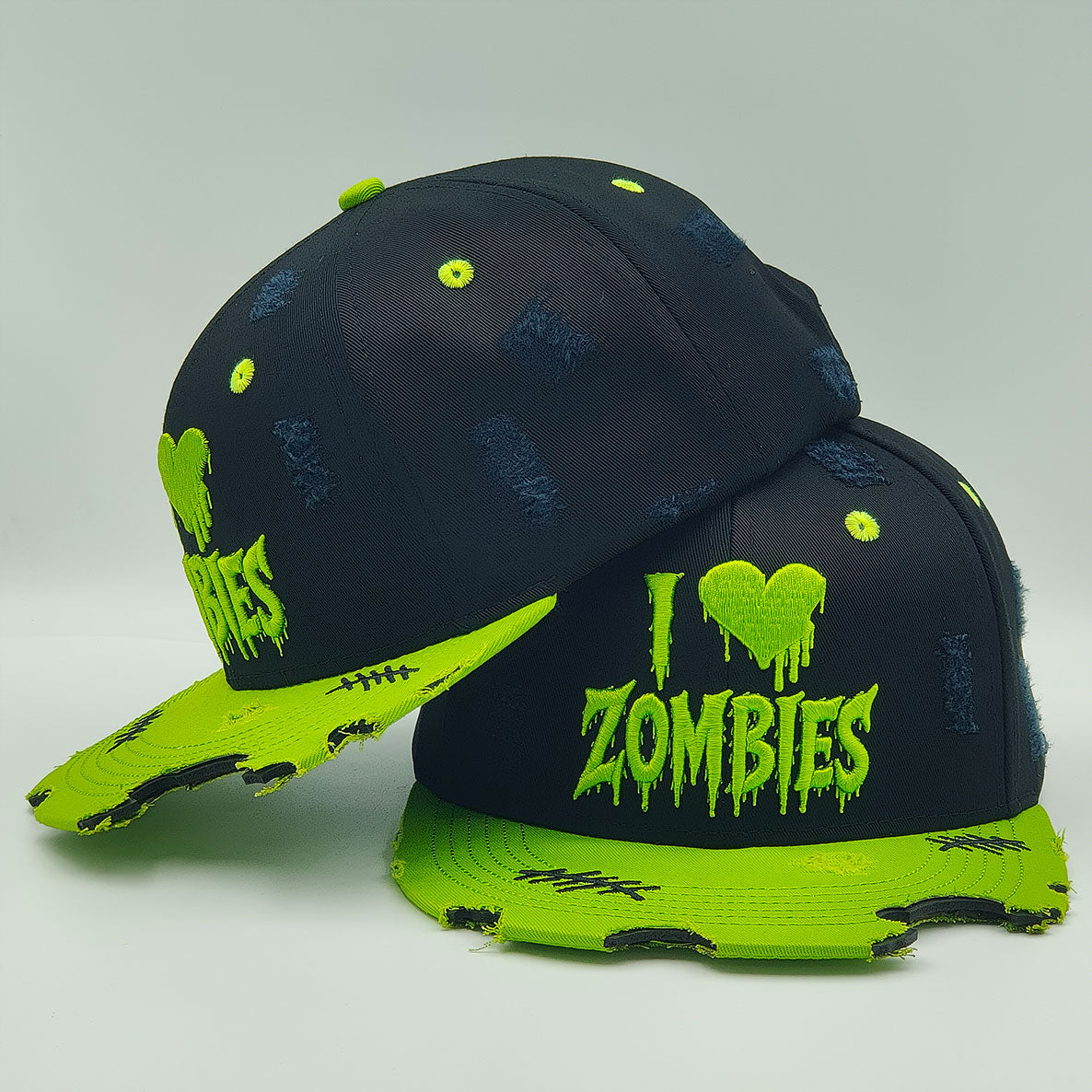 I Heart Zombies Distressed Snapback Cap – Neon Green & Black